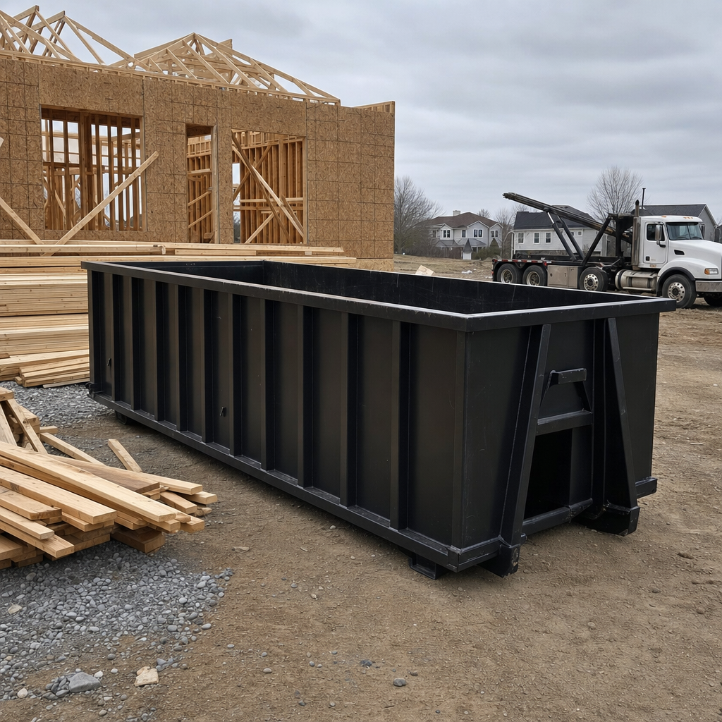 Matte-black 40-yard roll-off dumpster staged on a framed-out residential construction site in Victorville, framing lumber stacked nearby, hooklift delivery truck visible in the background under bright Colorado daylight