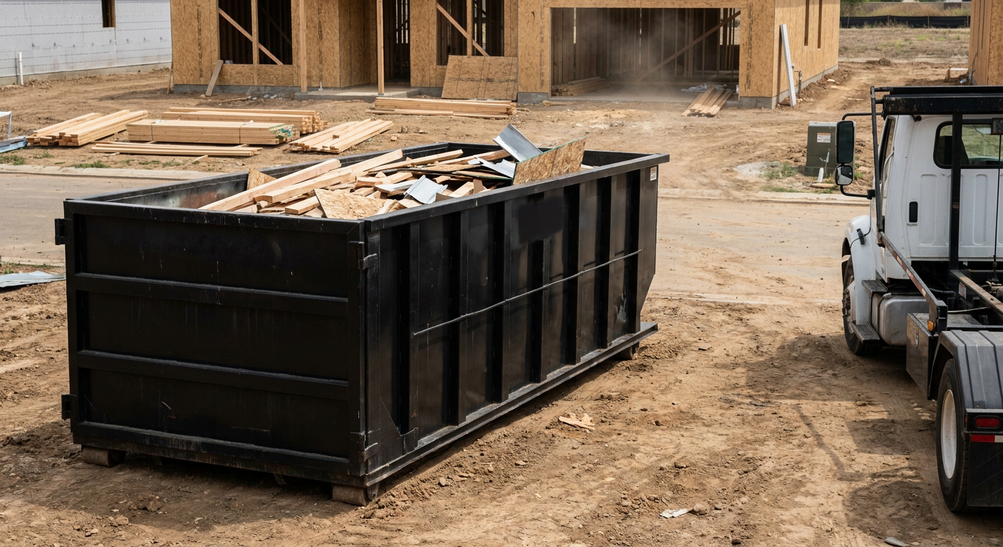 Matte-black 20-yard roll-off construction dumpster with heavy ribbed steel sidewalls and swing rear doors at a working jobsite in Victorville, sitting directly on compacted dirt with an unmarked white hauler partially visible at the far edge of the frame.