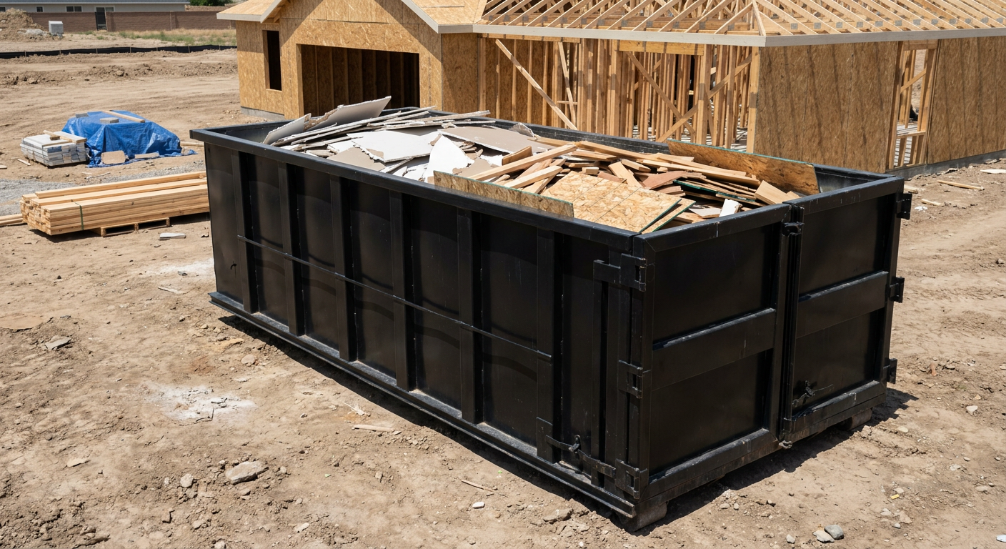 Matte-black 30-yard roll-off construction dumpster sitting directly on the compacted-dirt site of a framed single-family home build in Victorville, drywall and lumber scrap loaded inside.