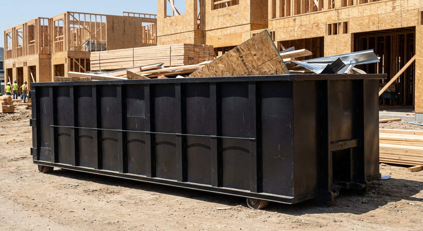 Matte-black 40-yard roll-off construction dumpster being lowered from a white-cab hooklift delivery truck onto the compacted-dirt jobsite at a commercial build site in Victorville