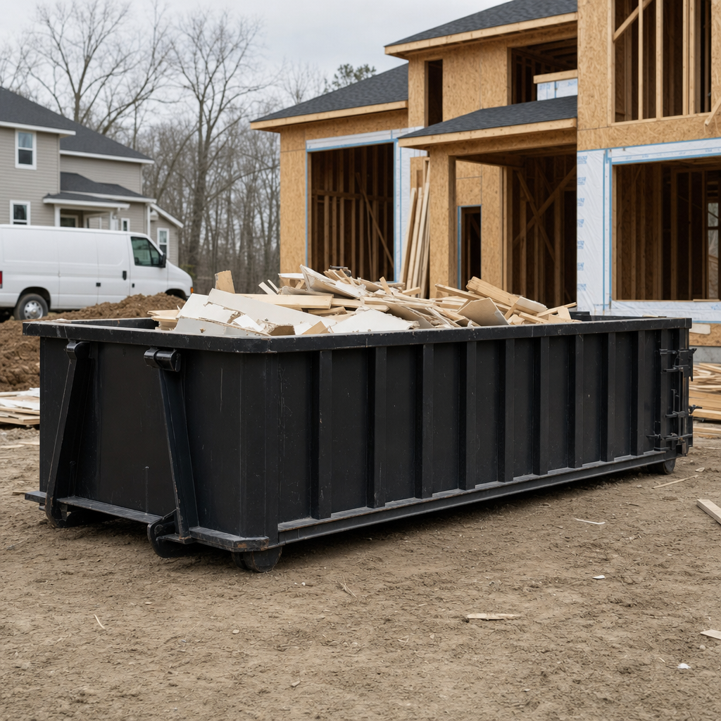 Worker in a yellow high-visibility vest tossing framing lumber and broken drywall into a matte-black 30-yard construction roll-off dumpster on an active build site in Victorville, bright daylight