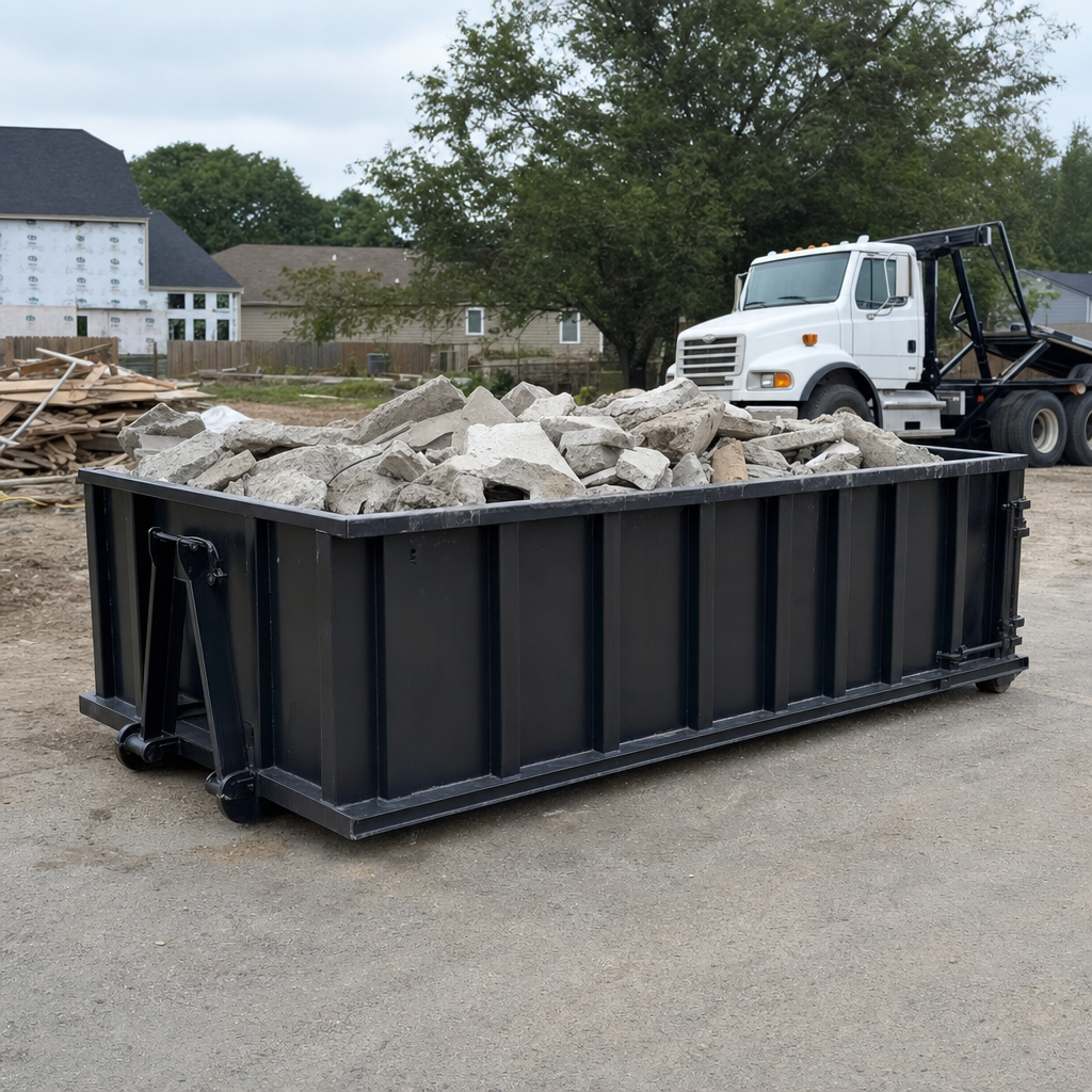 Low-profile matte-black lowboy roll-off dumpster loaded with broken concrete slab and rebar at a foundation tear-out in Victorville, skid steer parked beside it, sunny Colorado morning