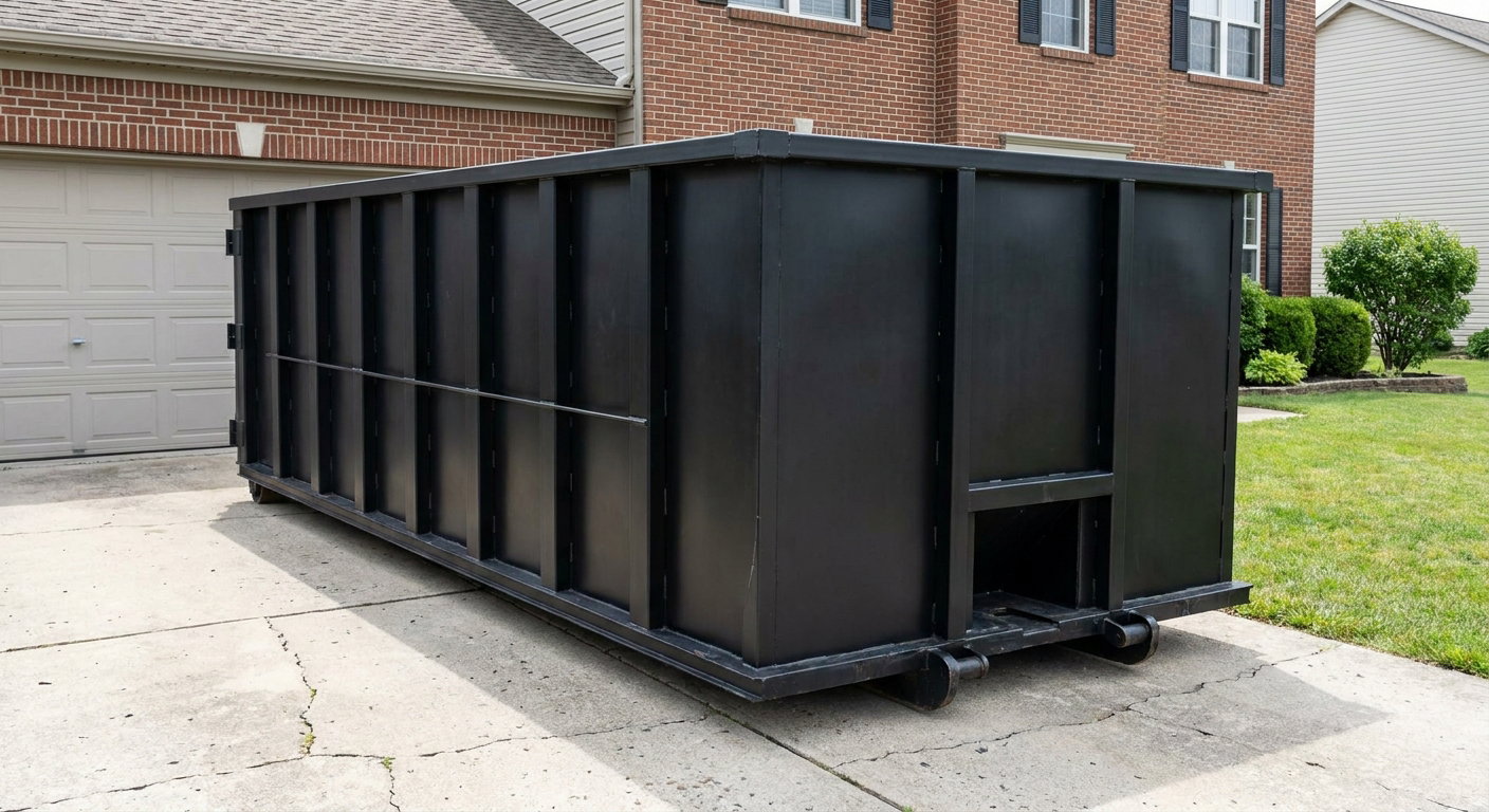 Matte-black 20-yard roll-off container on a Victorville residential concrete driveway with reinforced ribbed steel sidewalls and a hinged rear walk-in door, clean bright daylight.
