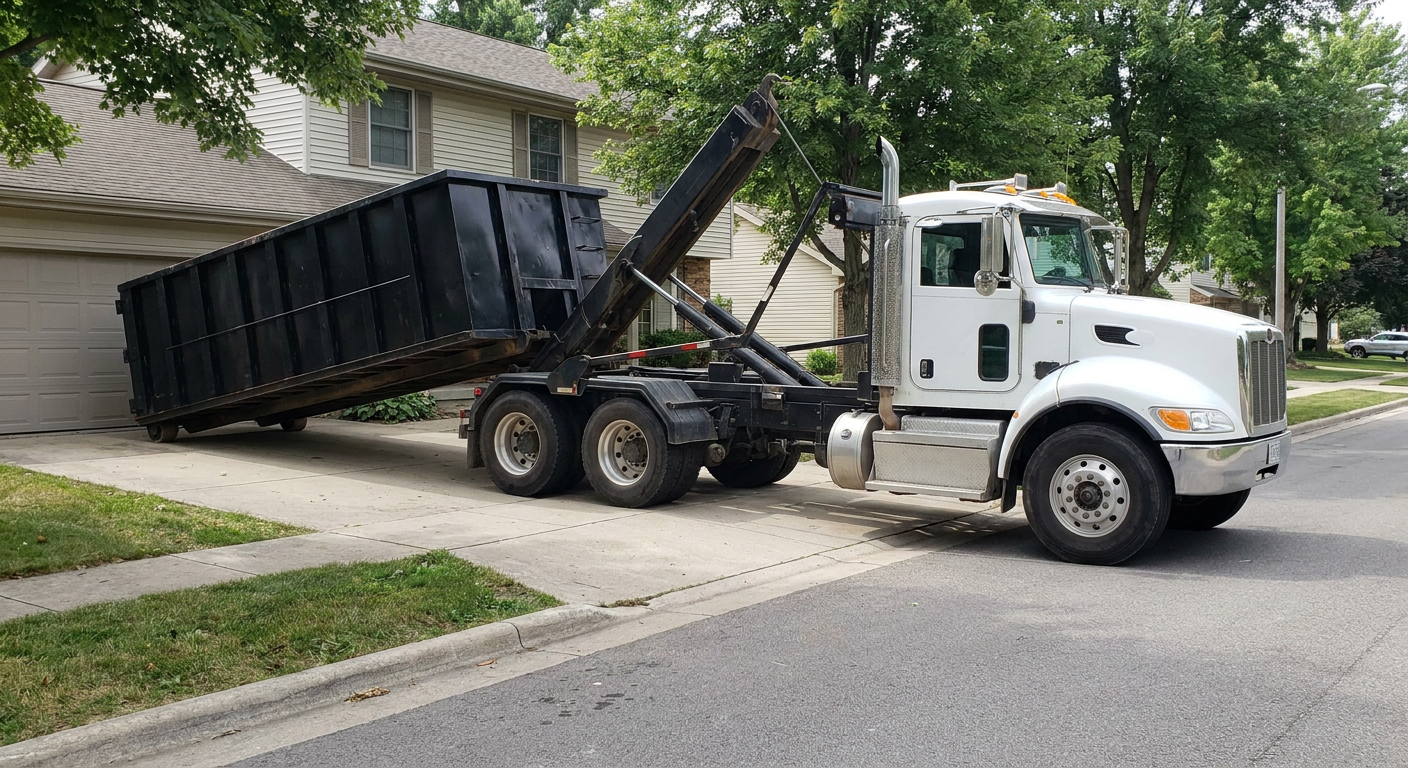 White-cab hooklift roll-off truck actively lowering a matte-black dumpster onto a Victorville residential concrete driveway, the dumpster's rear wheels touching the driveway as the hoist arm tilts the bed forward, mid-morning daylight.