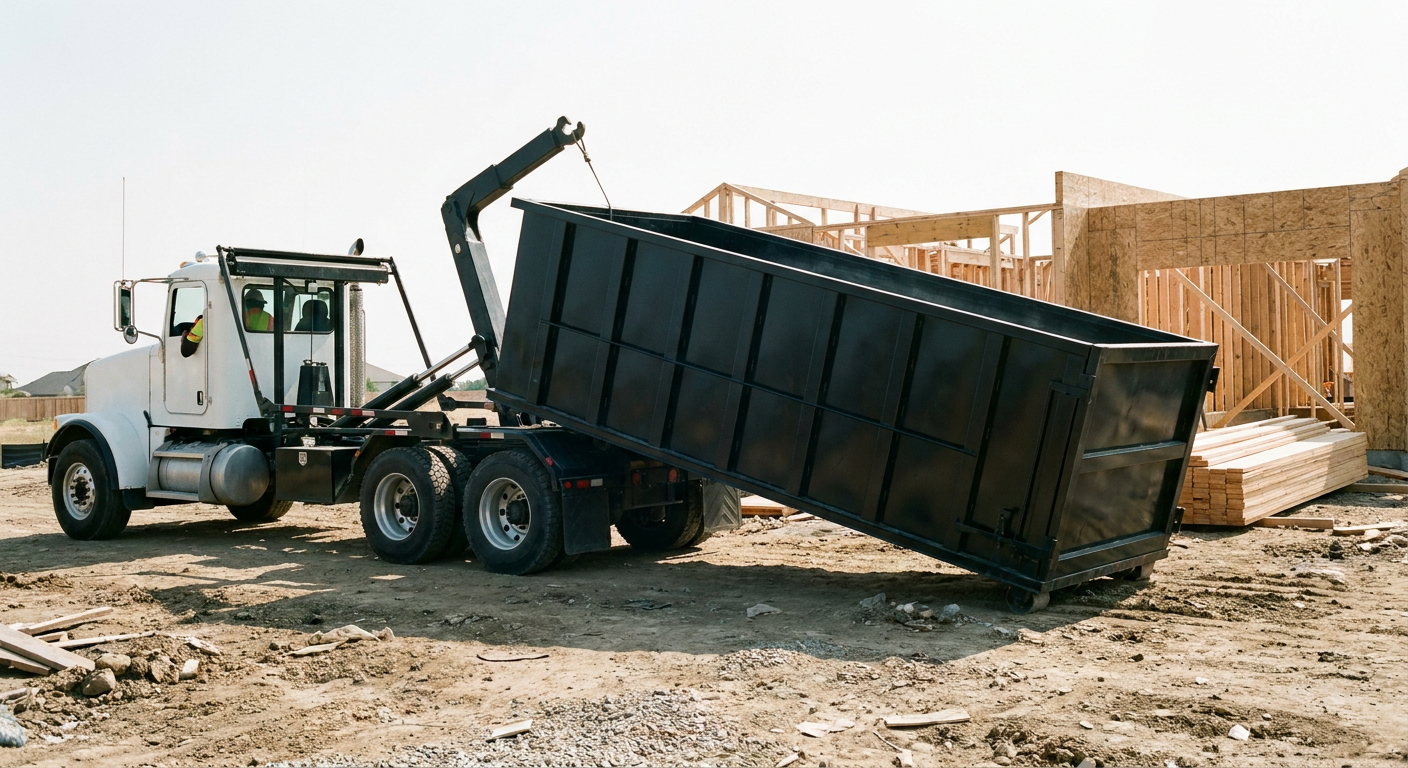 Matte-black roll-off dumpster being delivered onto a clean residential concrete driveway in Victorville by an unmarked white hooklift hauler truck, bright morning daylight, documentary 35mm perspective.