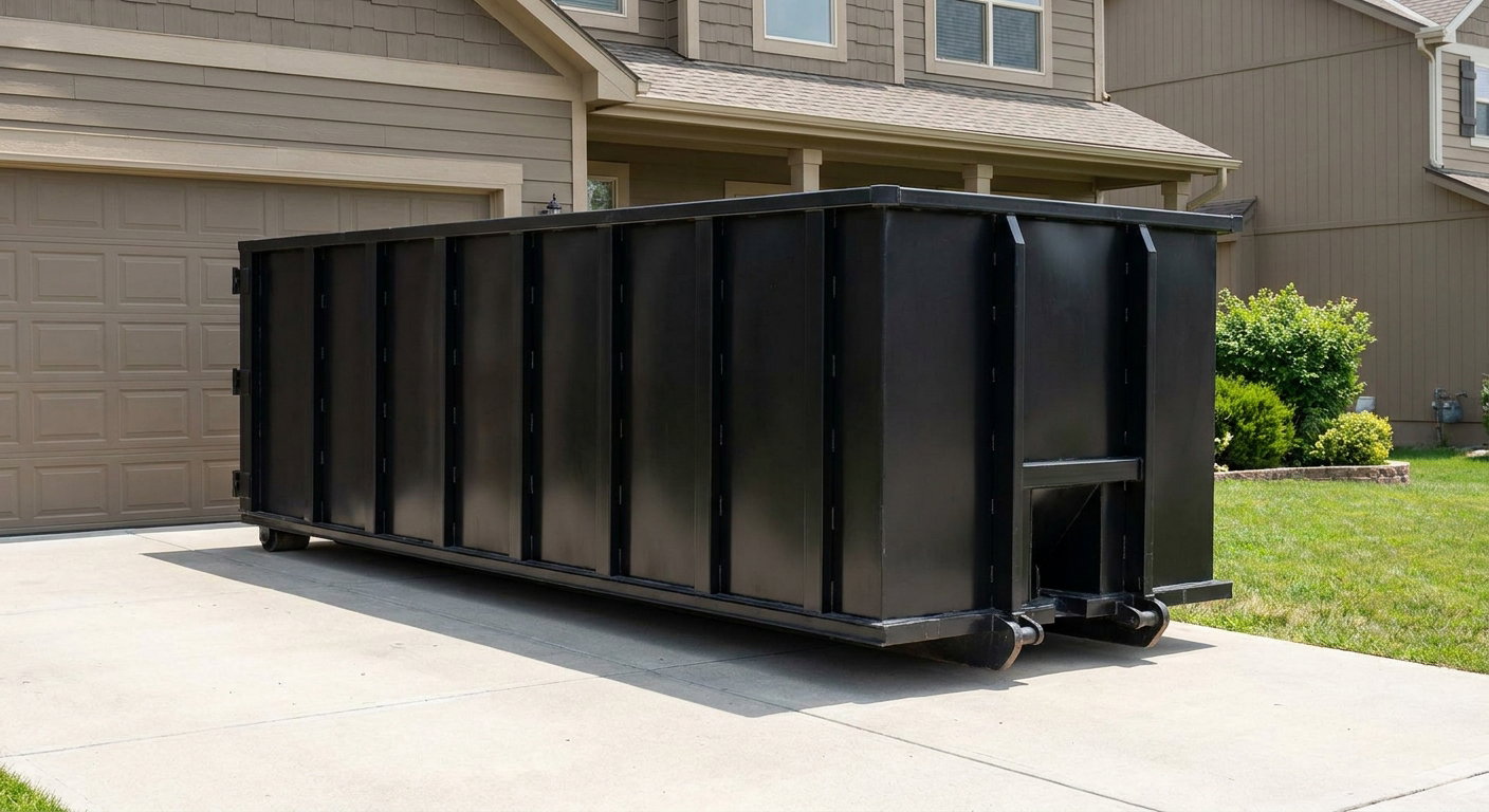 Matte-black residential roll-off dumpster sitting directly on a suburban Victorville concrete driveway, garage door closed, single-family home in background, bright morning daylight.
