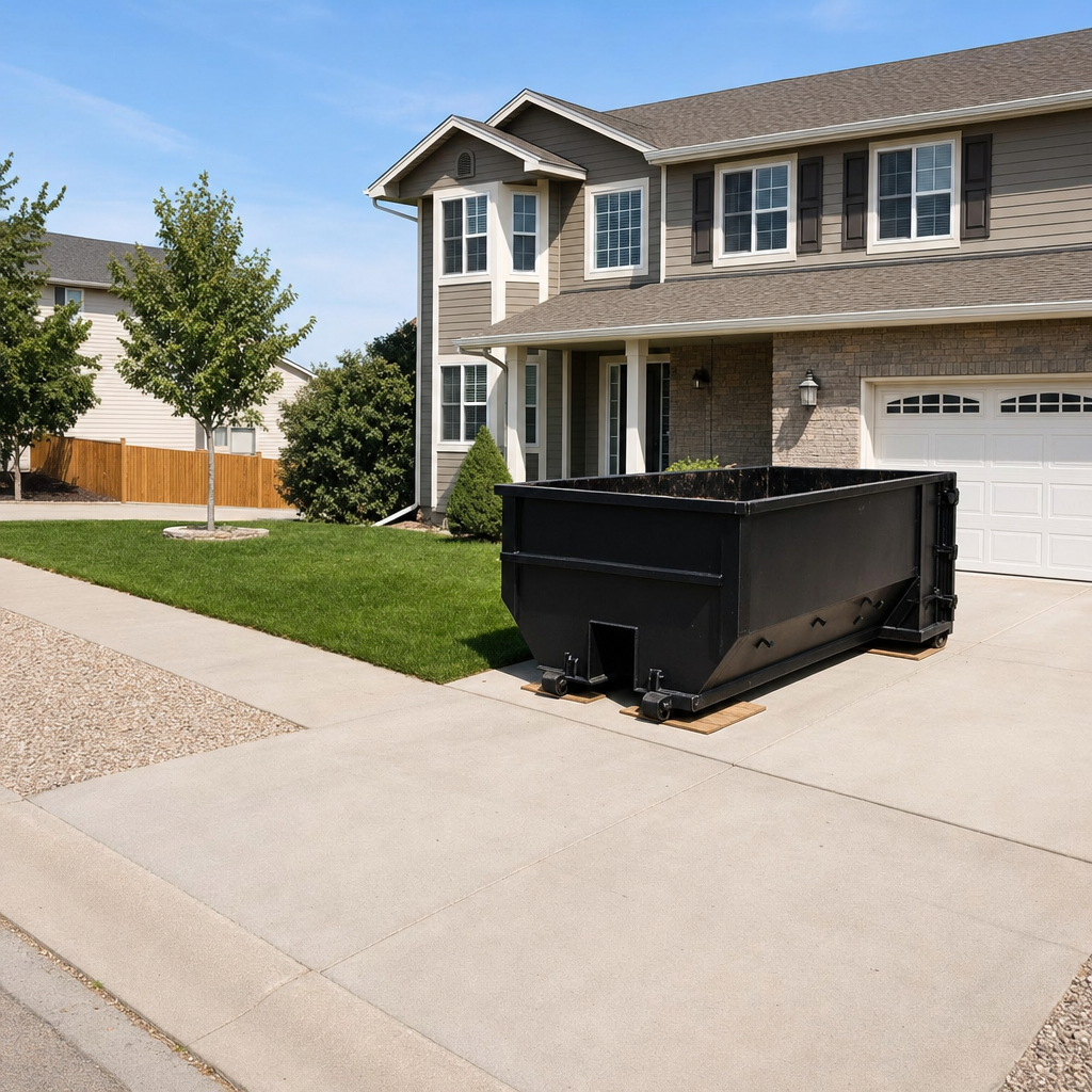 10-yard matte-black residential dumpster placed directly on a narrow Victorville concrete driveway, room remains for a parked sedan beside it, mid-morning natural light
