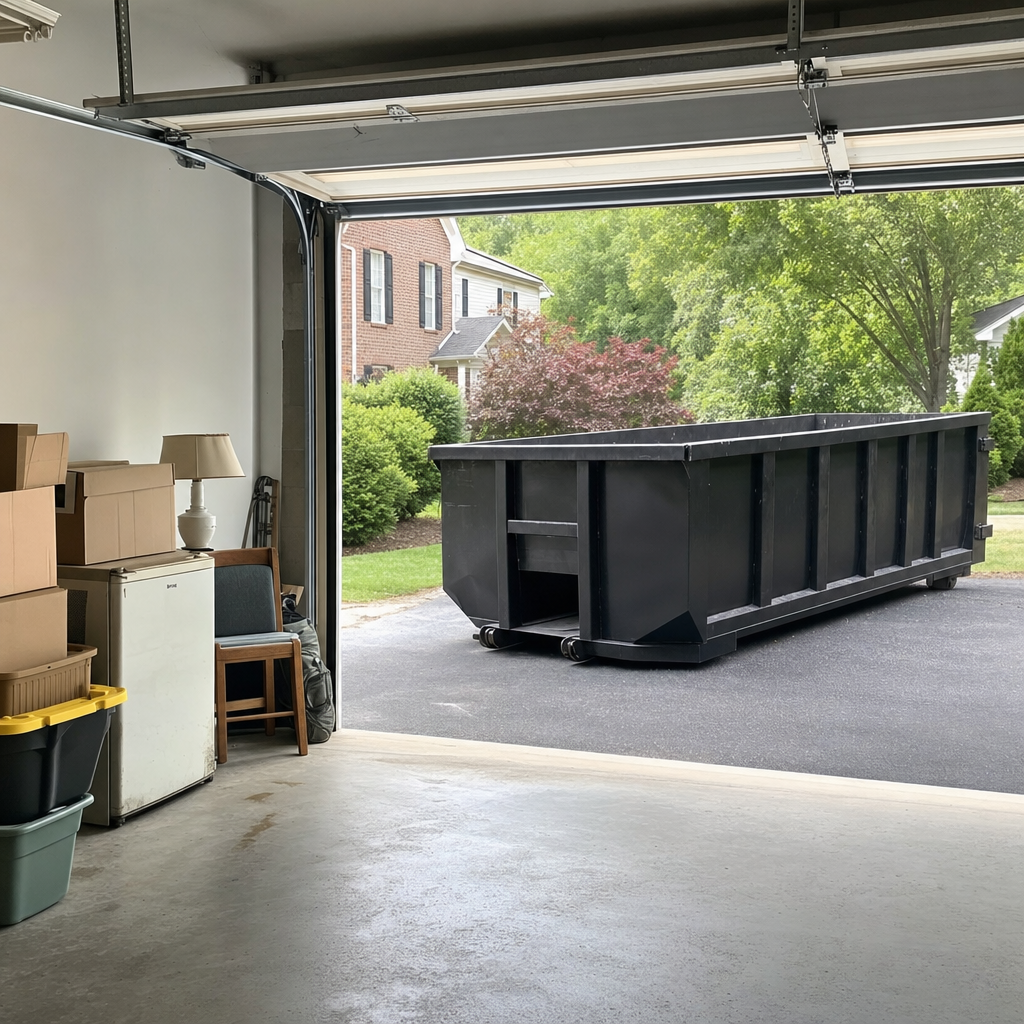 Open garage interior in a Victorville home mid-cleanout — boxed items, an old appliance, and stacked yard tools queued near the driveway for a matte-black roll-off dumpster, organized and calm