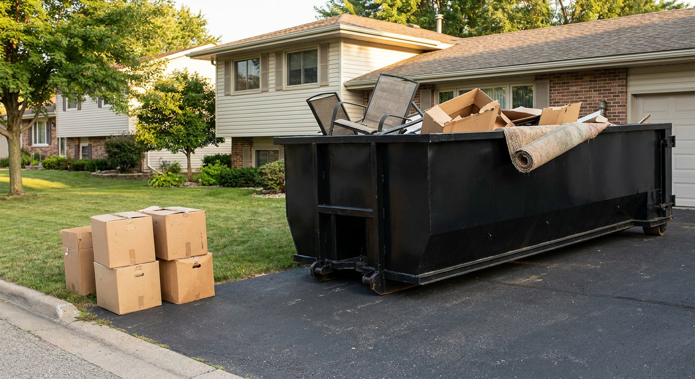 Front-yard view of a Victorville split-level home with a 20-yard matte-black roll-off dumpster sitting directly on the asphalt driveway, a few clearly labeled donation boxes staged at the curb, calm sunny afternoon.