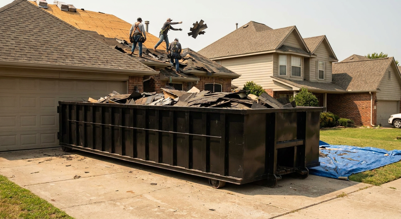 Matte-black roofing roll-off dumpster placed directly on a Victorville residential concrete driveway, a tear-off crew on a two-story asphalt-shingle roof tossing shingle bundles into the low-walled container, bright daylight, documentary 35mm perspective.