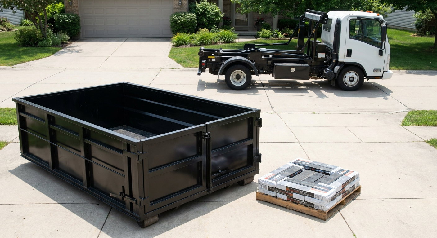 Matte-black 15-yard roofing roll-off dumpster with reinforced low side walls sitting directly on a Victorville residential concrete driveway, three-tab asphalt shingle bundles stacked nearby, an unmarked white hauler truck partially visible at the edge of the frame.