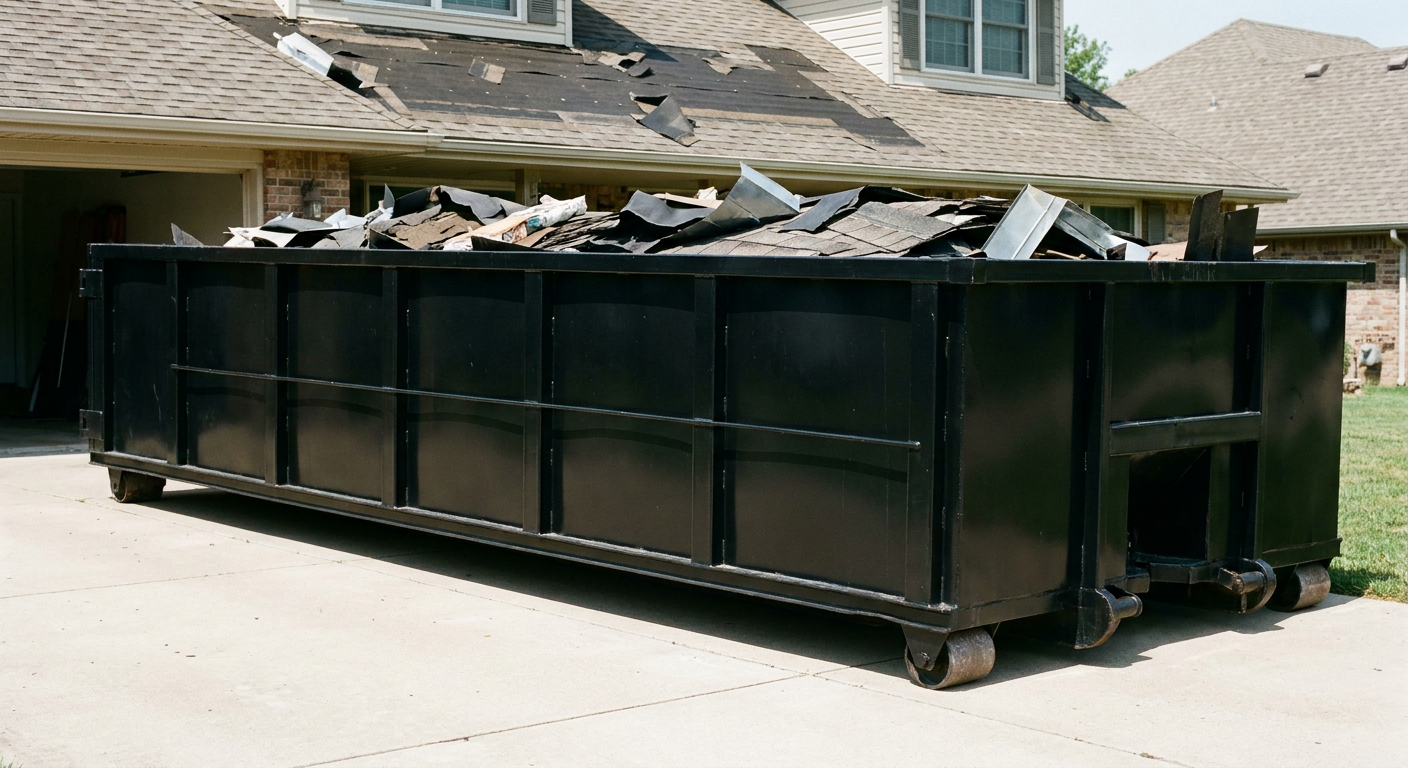 Matte-black 20-yard roofing roll-off dumpster with steel ribbed sides and swinging rear door, sitting directly on the concrete driveway of a two-story Victorville home, asphalt shingle debris being loaded over the low wall, clean documentary lighting.