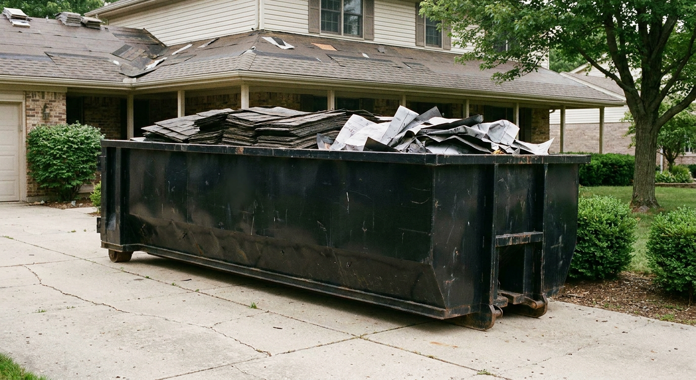 Matte-black 30-yard roofing roll-off dumpster sitting directly on a Victorville concrete driveway, taller ribbed steel side panels, mixed tear-off debris of asphalt shingles and underlayment inside, professional documentary daylight.