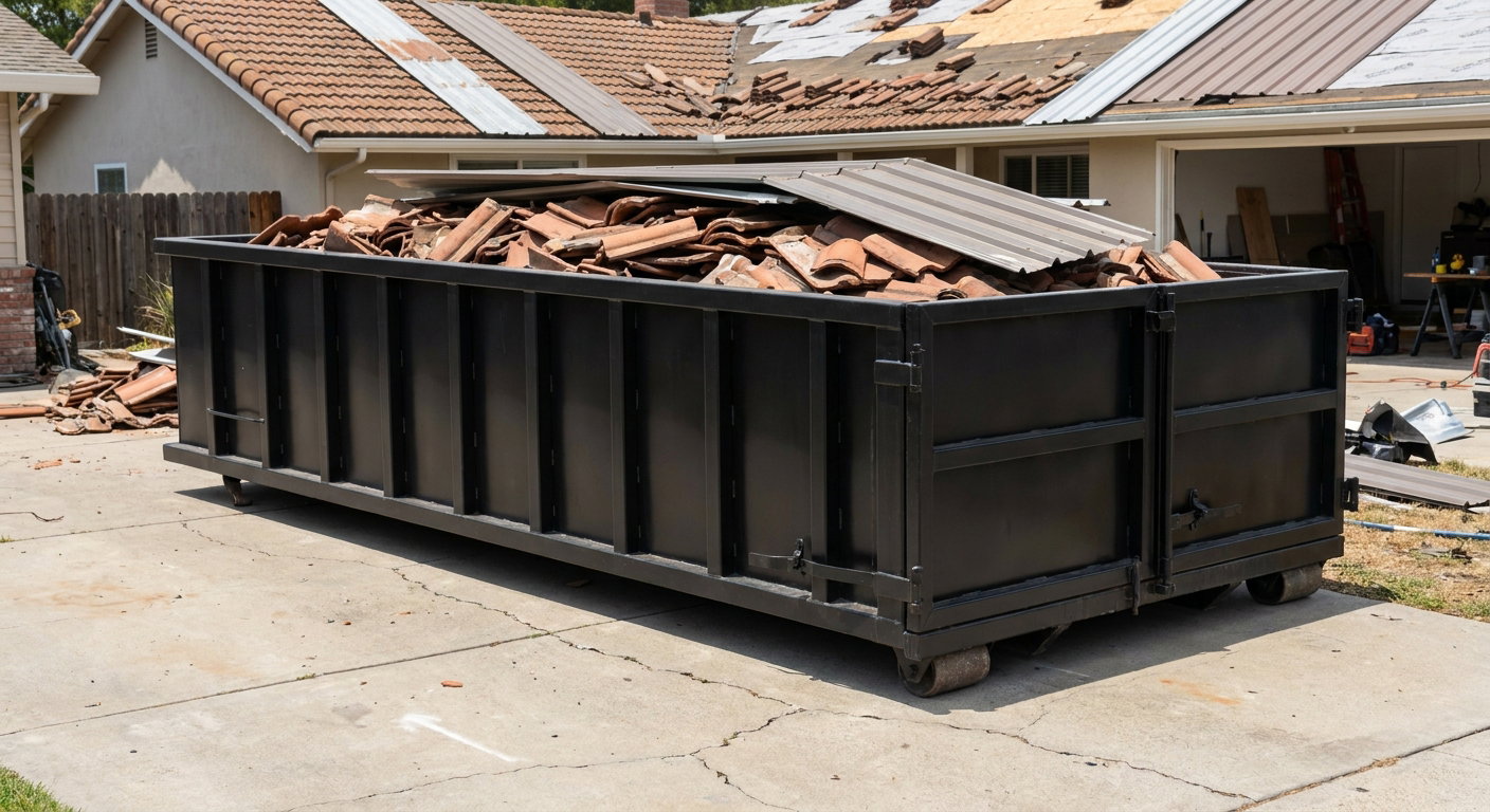 Matte-black low-wall heavy-debris roofing roll-off dumpster sitting directly on a Victorville concrete driveway, broken concrete clay roof tiles and metal panel sections loaded inside, reinforced ribbed steel side walls visible, bright outdoor daylight.