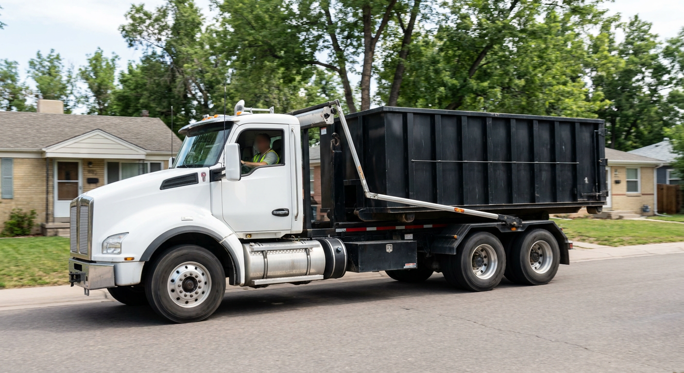 A wide documentary shot of a matte-black roll-off delivery truck pulling onto a quiet Victorville residential street at mid-morning, with neighborhood rooftops and tree-lined blocks visible behind, showing the metro coverage footprint.
