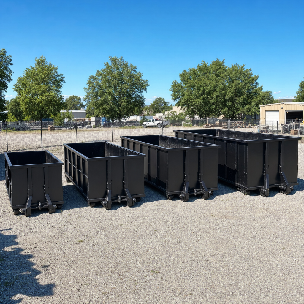 A clean lineup of matte-black roll-off dumpsters in 10, 20, 30, and 40-yard sizes staged on a sunlit gravel yard in Victorville, showing the size progression from compact to commercial-scale containers.