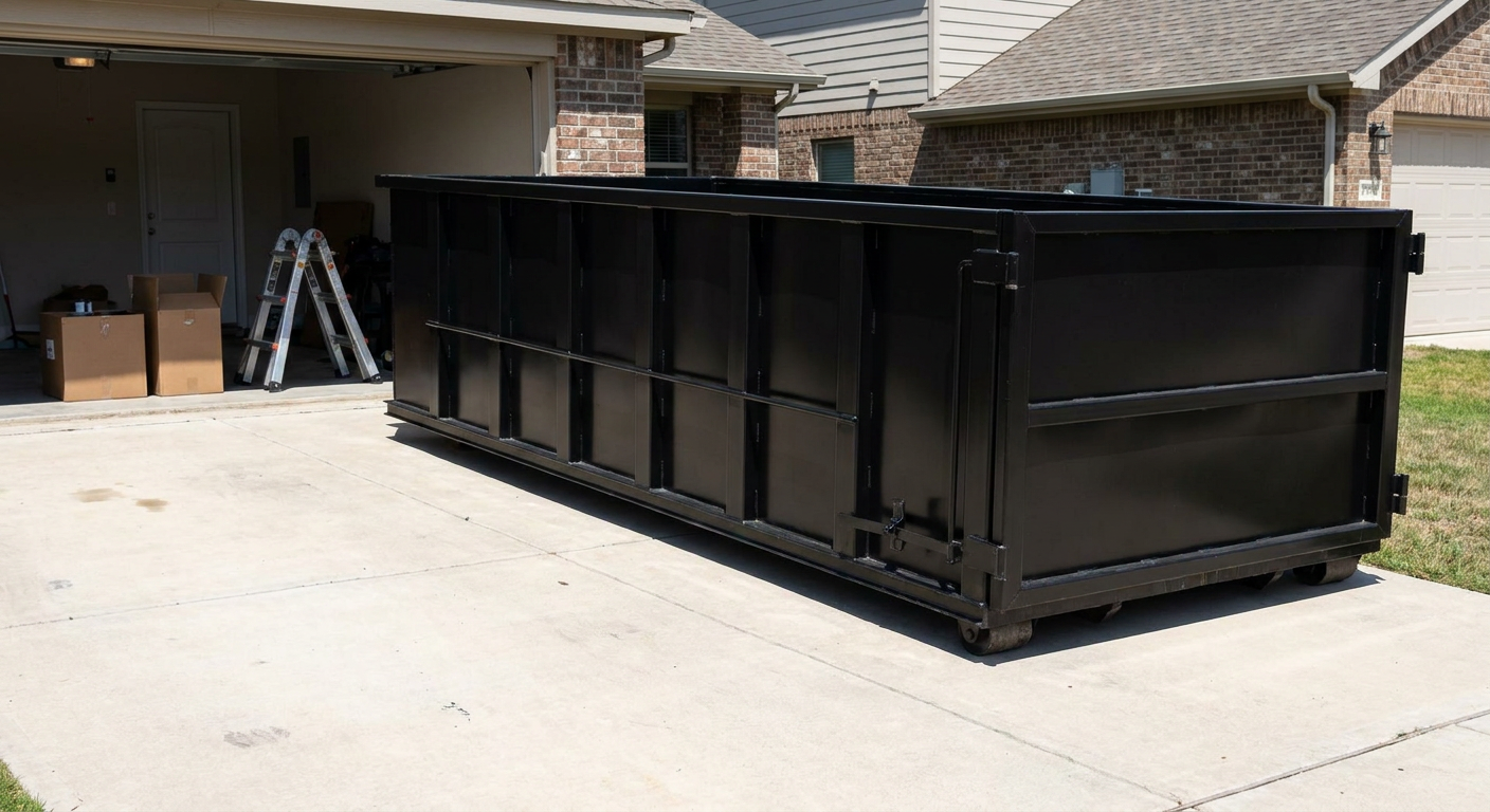 A matte-black 10-yard roll-off dumpster sitting directly on a residential Victorville concrete driveway, mid-day sunlight, clean and ready for a garage cleanout.
