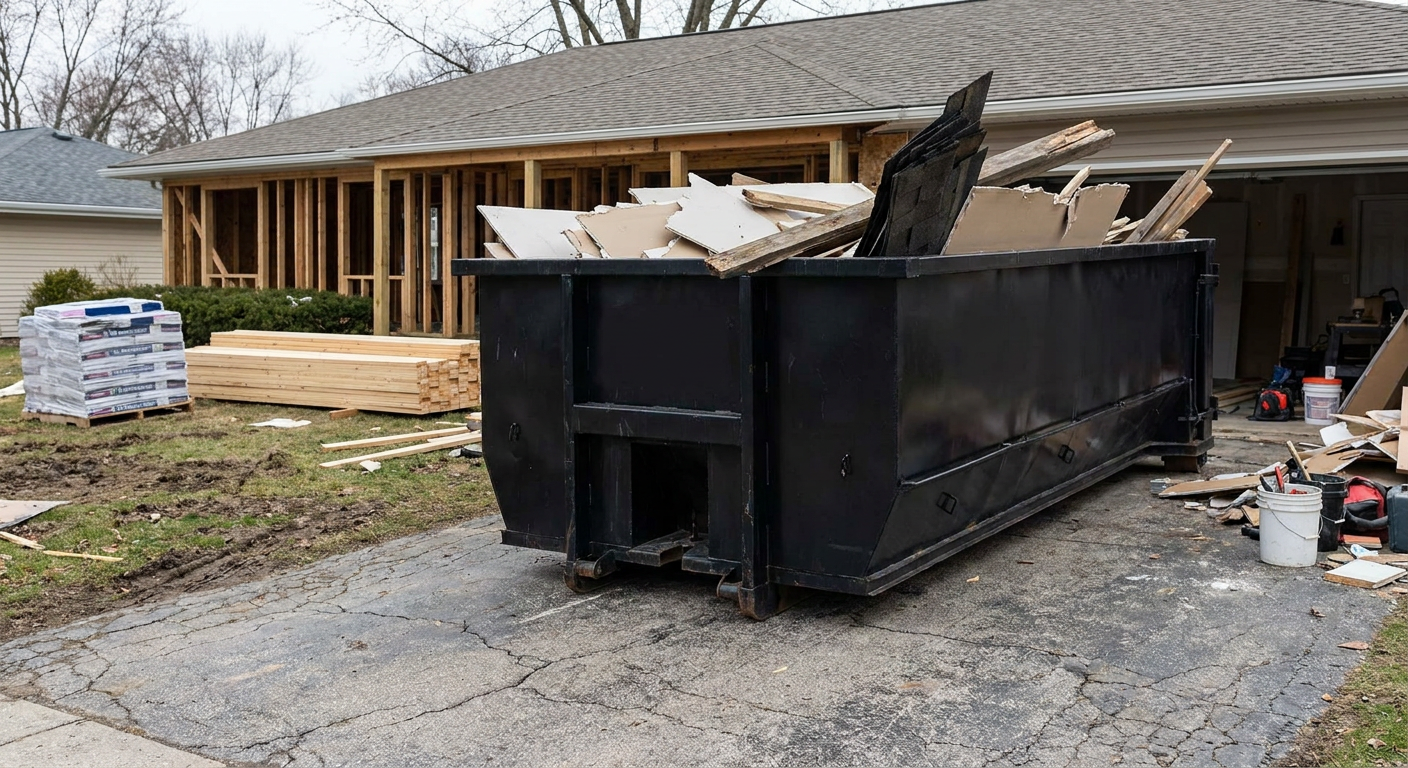 A matte-black 20-yard roll-off dumpster placed alongside a mid-renovation Victorville home directly on the asphalt driveway, with framing materials and torn-off shingles staged neatly nearby.