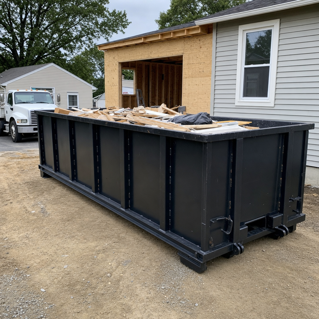 A matte-black 30-yard roll-off dumpster positioned at a Victorville residential addition jobsite, with framing lumber and drywall scraps loaded through the open swinging rear doors.