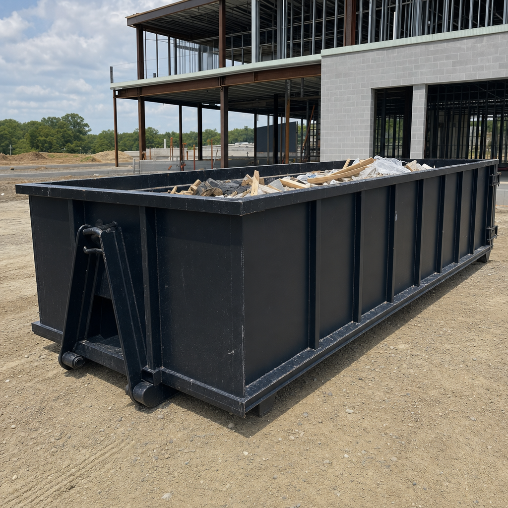 A matte-black 40-yard roll-off dumpster staged on a large Victorville commercial construction lot, with a hooklift delivery truck parked alongside under bright midday sky.