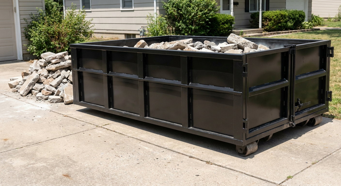 A matte-black low-side heavy-debris roll-off dumpster placed directly on a Victorville concrete driveway, with broken concrete chunks neatly stacked beside it under clean daylight.