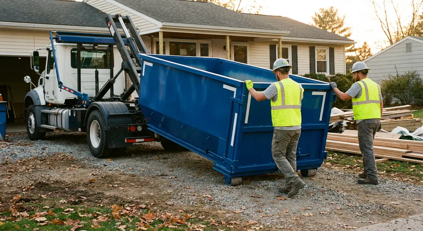Construction dumpster delivery truck in action in Victorville, CA