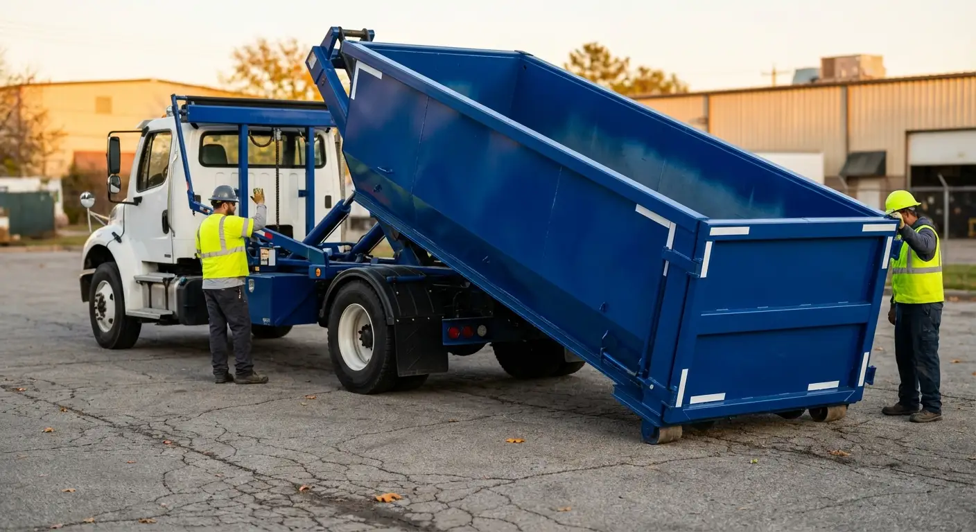 Roll-off dumpster rental truck protecting driveway surfaces in Victorville, CA